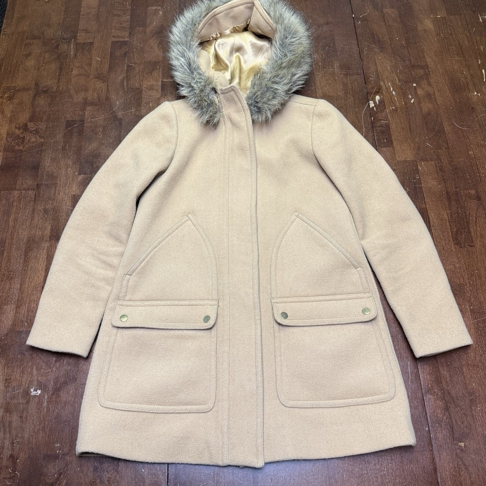 J.CREW Wool Blend Vail Beige Parka Womens Sz 0 Removable Fur Hooded‎ Winter Coat